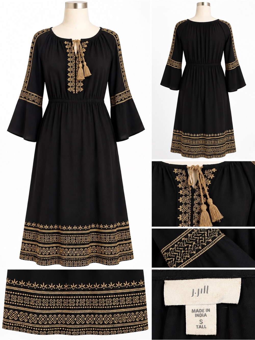 J. Jill Black Midi Dress with Gold Embroidery